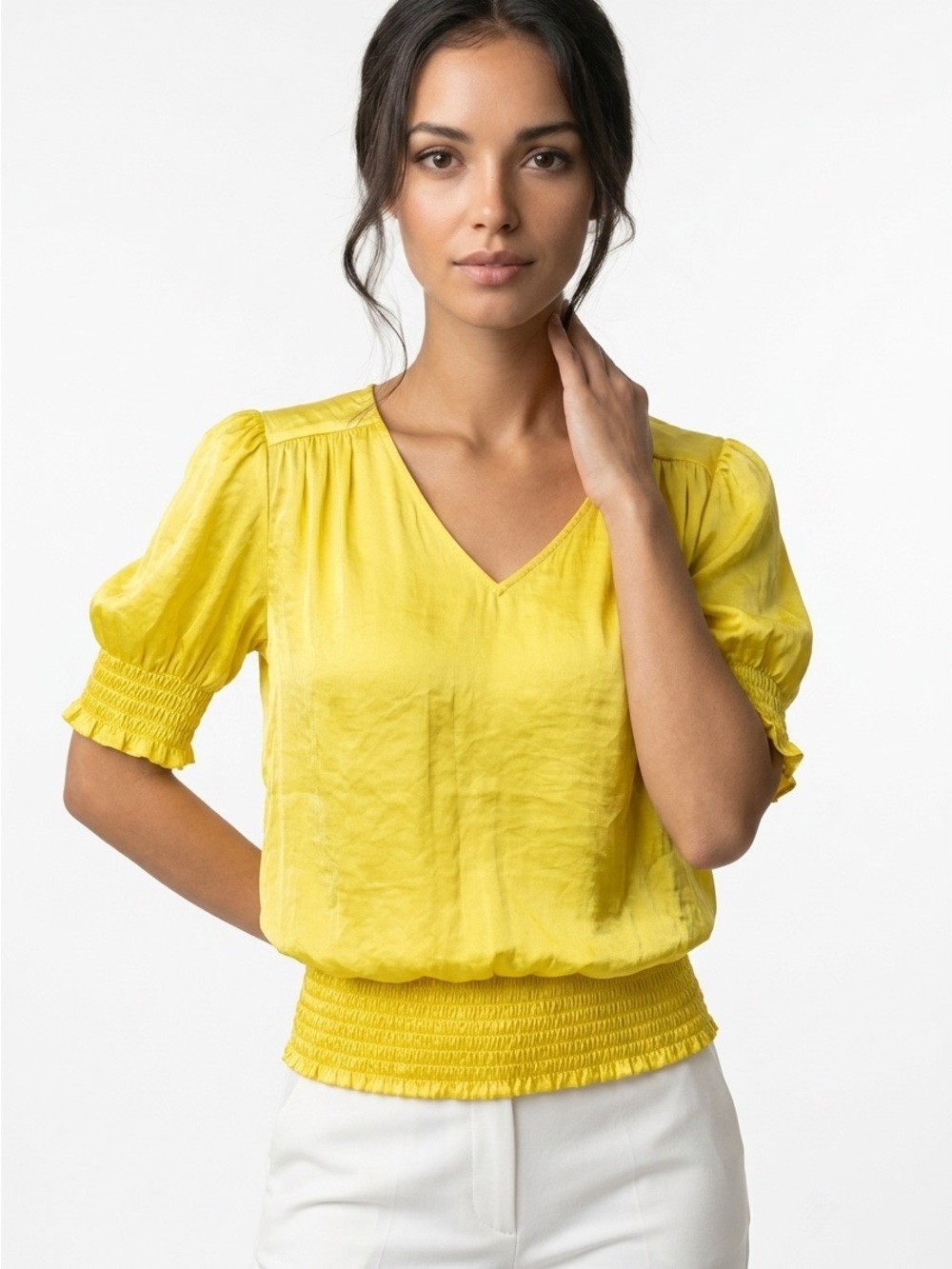 Philosophy Rep Womens Small Yellow Satin Smocked Waist V-Neck Blouse